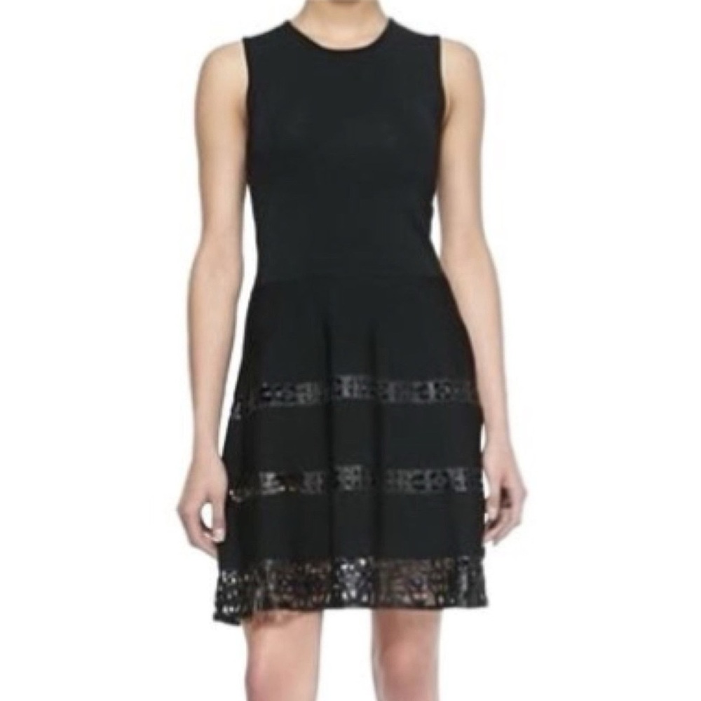 Parker Fit and Flare Faux Leather Laser Cut Black Dress, size L